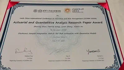 Award certificate for the Actuarial and Quantitative Analysis Research Paper Award at CICIRM 2026